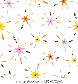 Sparkles of joy, colorful and shiny cartoon stars, vector seamless pattern with white background