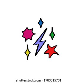 Sparkles lightning star logo icon sign Hand drawn Doodle colorful cartoon design style Fashion print for clothes apparel greeting invitation card badge banner poster party birthday flyer book websites