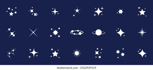 Sparkles or shine vector huge set of different stars in white color on dark background. Sparkle star icons. Shine icon. Stars sparkle doodles vector. Big set of various stars icon.