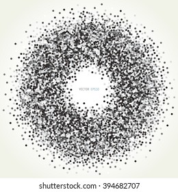 Sparkles silver circle on black background, glamour, luxury golden foil metallic glitter texture. Template for your design, invitation, logos, web, card, gift, vip, voucher, certificate.