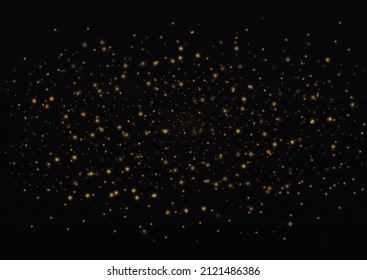 The sparkles with sparkling magical dust particles. Yellow dust sparks and golden stars shine. Bokeh effect. Xmas flash gold light on transparent background. Christmas pattern. Vector illustration.