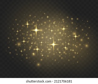The sparkles with sparkling magical dust particles. Yellow dust sparks and golden stars shine. Bokeh effect. Xmas flash gold light on transparent background. Christmas pattern. Vector illustration.