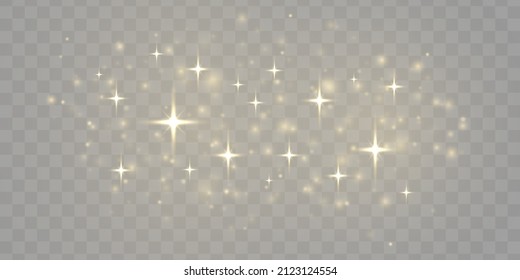 The sparkles with sparkling magical dust particles. Yellow dust sparks and golden stars shine. Bokeh effect. Xmas flash gold light on transparent background. Christmas pattern. Vector illustration.