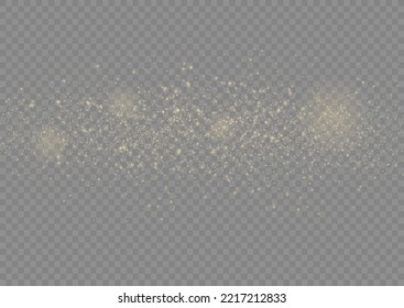 The sparkles with sparkling magical dust particles. Xmas flash gold light on transparent background. Yellow dust sparks and golden stars shine. Bokeh effect. Christmas pattern. Vector illustration.