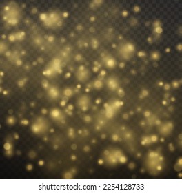 The sparkles with sparkling magical dust particles. Bokeh effect. Christmas pattern. Yellow dust sparks and golden stars shine. Xmas flash gold light on transparent background. Vector illustration.