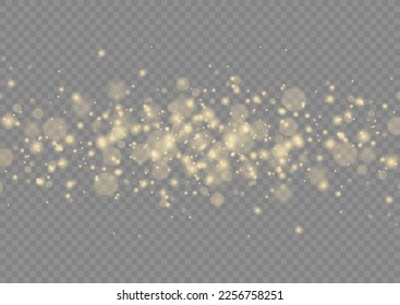 The sparkles with sparkling magical dust particles. Bokeh effect. Christmas pattern. Yellow dust sparks and golden stars shine. Xmas flash gold light on transparent background. Vector illustration.