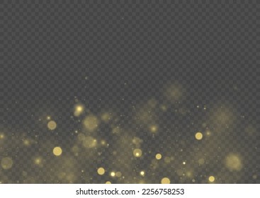 The sparkles with sparkling magical dust particles. Yellow dust sparks and golden stars shine. Xmas flash gold light on transparent background. Bokeh effect. Christmas pattern. Vector illustration.
