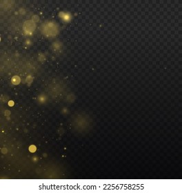 The sparkles with sparkling magical dust particles. Yellow dust sparks and golden stars shine. Xmas flash gold light on transparent background. Bokeh effect. Christmas pattern. Vector illustration.