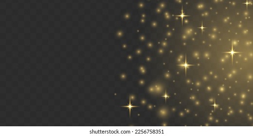 Die Funken funkeln mit funkelnden magischen Staubpartikeln. Bokeh-Effekt. Weihnachtsmuster. Gelbe Staubfinstern und goldene Sterne strahlen. Weihnachten blinken goldenes Licht auf transparentem Hintergrund. Vektorgrafik.