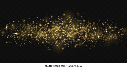 Die Funken funkeln mit funkelnden magischen Staubpartikeln. Gelbe Staubfinstern und goldene Sterne strahlen. Bokeh-Effekt. Weihnachten blinken goldenes Licht auf transparentem Hintergrund. Weihnachtsmuster. Vektorgrafik.