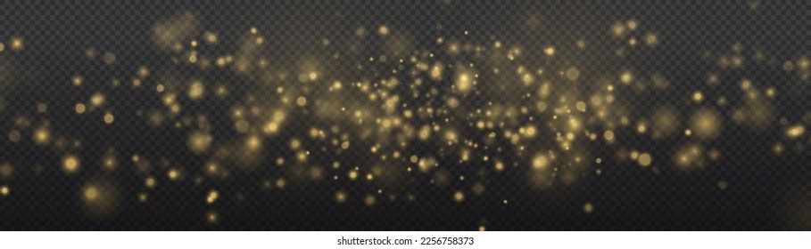 The sparkles with sparkling magical dust particles. Yellow dust sparks and golden stars shine. Bokeh effect. Xmas flash gold light on transparent background. Christmas pattern. Vector illustration.