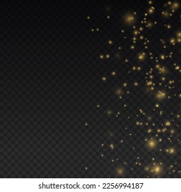 The sparkles with sparkling magical dust particles. Xmas flash gold light on transparent background. Yellow dust sparks and golden stars shine. Bokeh effect. Christmas pattern. Vector illustration.