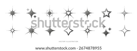 Sparkles star icon set with stipple halftone effect. Twinkling stars with dotted grain texture. Social media elements. Grainy gradient starburst shape collection. Vector illustration art