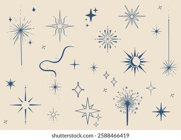 Sparkles and starburst collection in elegant navy blue. Hand drawn cosmic elements, including stars, moon, and mystical symbols. Perfect for astrology, spiritual design, and boho style graphics