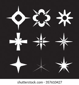 Sparkles and starbursts symbols. Lens or glass flare. Flat stars glitter, logo.