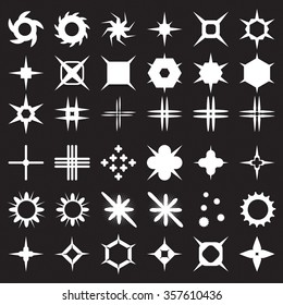 Sparkles and starbursts symbols. Lens or glass flare. Flat stars glitter, logo.