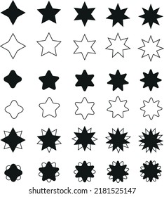 Sparkles Stars Black Filled Outlined Four Five Six Eight Sides 