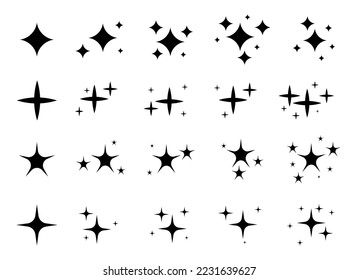 Sparkles stars black set. Different shapes of bright firework shiny sparkle, magic twinkle, sun glare decoration. Glowing light flash effect. Starry sky space. Spark shining burst radiance explosion