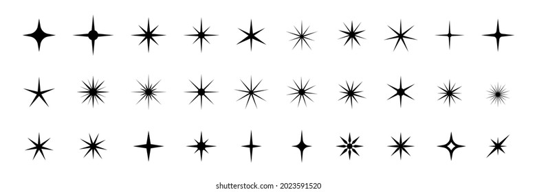 Sparkles, stars and bursts icons, twinkling stars. Glowing light effect star. Sparkles, shining burst. Christmas vector symbols isolated.