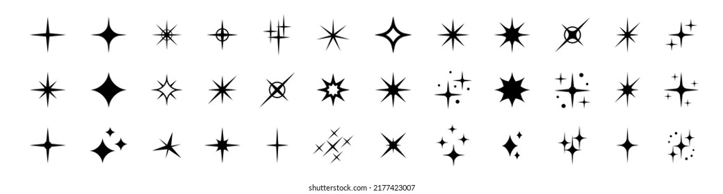 Falten, Sterne und stürzen Symbole, funkelnde Sterne. Lichteffektstar Falten, leuchtender Berst. Weihnachtsvektorsymbole einzeln.