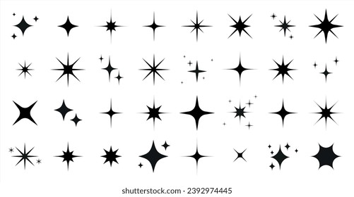 Esparkles, estrellas e íconos de ráfagas, estrellas brillantes.Conjunto vectorial de diferentes iconos negros de chispas sobre fondo transparente. Ilustración del vector