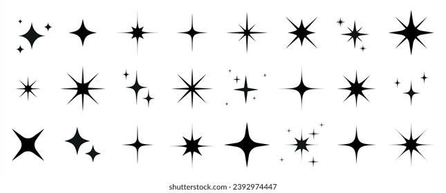 Sparkles, stars and bursts icons, twinkling stars.Vector set of different black sparkles icons on transparent background. Vector illustration