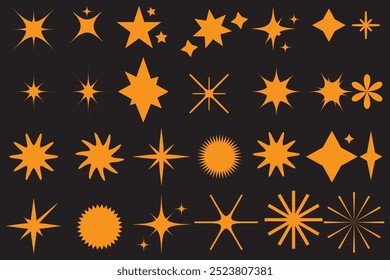 Sparkles, stars and bursts icons, twinkling stars.Vector set of different black sparkles icons on transparent background. Vector illustration