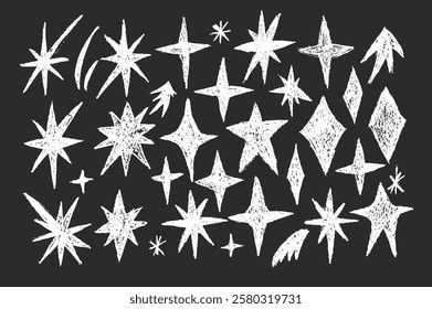 Sparkles stars chalk doodle set. Crayon blings pack on school chalkboard. Comets and blinking on night sky by chalk. Vector hand drawn by pencil illustration isolated on black background.