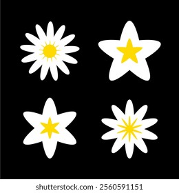 Sparkles Stars Daisy chamomile flower sign symbol icon set. White yellow color. Cute shape collection. Christmas decoration element. Black background. Simple Flat design. Childish style. Vector