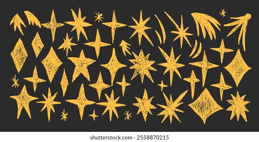 Sparkles stars doodle set. Crayon blings pack on chalkboard. Comets and blinking on night sky by chalk. Vector hand drawn y2k celestial shapes by pencil illustration isolated on black background.