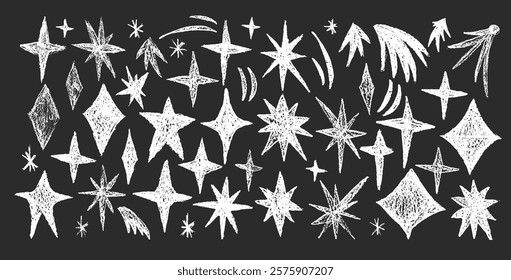 Sparkles stars doodle set. Crayon scribble blings on chalkboard. Comets and blinking on night sky by chalk. Vector handdrawn by pencil illustration isolated on black background.