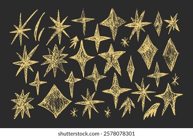 Sparkles stars doodle set. Crayon golden blings pack on chalkboard. Comets and blinking on night sky by chalk. Vector hand drawn by pencil illustration isolated on black background.