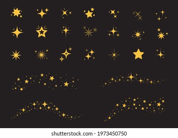 Sparkles Stars on black background. Set of twinkling stars. Falling stars shining. Vector illustration 