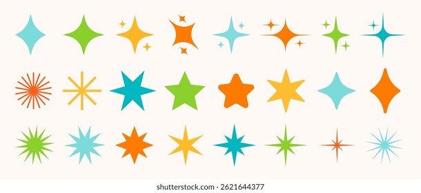 Espumantes estrelas formas ícones coleção de vetor. Formas decorativas de piscadas e rajadas. Formas de flash brilhante e cintilante. Efeitos luminosos brilhantes decorativos. Elementos gráficos geométricos.