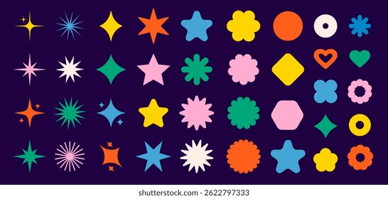 Espumantes estrelas formas ícones coleção de vetor. Formas decorativas de piscadas e rajadas. Formas de flash brilhante e cintilante. Efeitos luminosos brilhantes decorativos. Elementos gráficos geométricos.