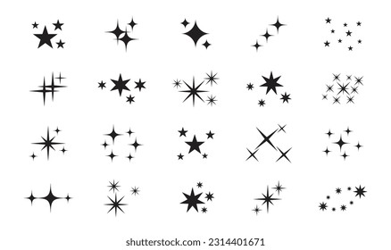 Sparkles stars. Shiny magic Christmas starburst effect, twinkle sparkle star silhouettes. Abstract asterisk glitter groups, tattoo design vector set. Festive glow, holiday explosion