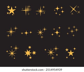 Funkelnde Sterne, glänzender Zauber-Weihnachtseffekt, funkelnde Sternensilhouette, Tattoo-Design, Glitzergruppenset, Vektorgold.