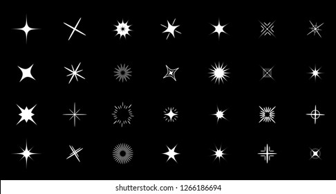 Sparkles Stars sign symbol set. Cute shape collection. Christmas decoration element. White color on black background. Flat design. Vector illustration