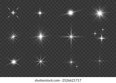 Elementos de Vector de estrellas brillantes para el diseño de vacaciones. Partículas brillantes del resplandor para el fondo del año Nuevo de la Navidad. Destellos y colección de luces para la iluminación de la luz brillo efectos brillantes.