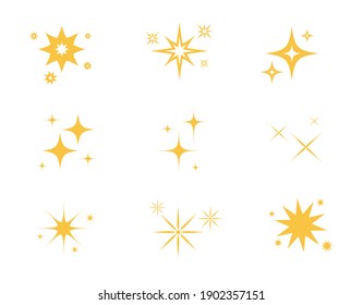 Sparkles symbols icon set. Yellow sparkles stars isolated on white background. Decoration twinkle, shiny, light effect. Vector illustration