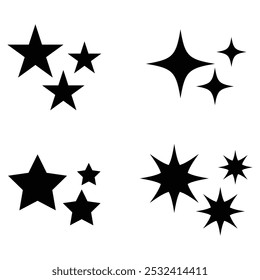 Icono de estrellas en negro. Conjunto de Formas estrella. Iconos de estrellas brillantes. Ilustración vectorial. Eps 10.