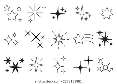 Sparkles and Twinkling stars doodle set. Glitter burst, shining star, falling star, firework, magic sparkle icons. Hand drawn vector illustration isolated on white background.