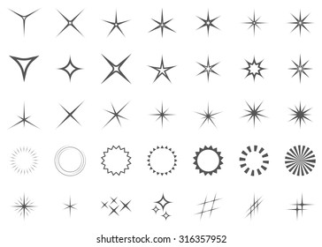 Sparkles vector set. Stars icons with rays for explosion, fireworks isolated on white background. Light effects elements. Magic flash creative concept.