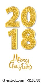 Sparkling 2018 numerals greeting card vector illustration. Glitter golden numbers xmas and new year background 