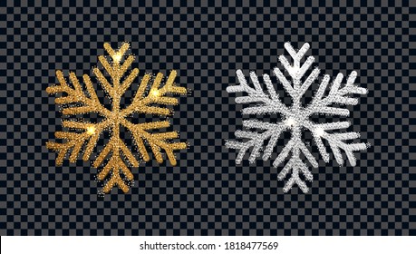 Sparkling 3d golden and silver snowflake with glitter texture for Christmas, New Year greeting card. Christmas decoration on transparent background. Xmas ornament and decoration element.