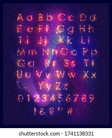 Alfabeto esparcido, letras iluminadas y brillantes. Fondo espacial con estrellas, cielo estrellado nocturno, fondo de pared. Efectos modificables del vector.