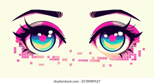 Sparkling anime girl's eyes with pink pixels. Fancy illustration in cartoon style.