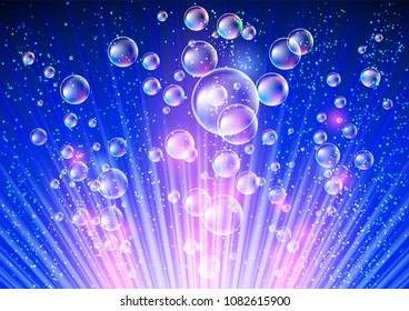 Sparkling background with glowing rays, shiny glitter and soap bubbles