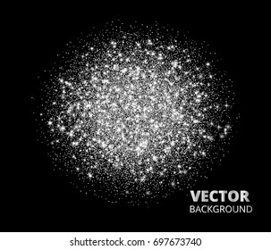 Sparkling background, silver glitter explosion. Vector dust, diamonds, snow on black. Great for valentine, christmas and birthday cards, wedding invitations, party posters.