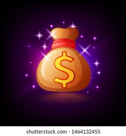 Sparkling bag with gold money dollar symbol, slot icon for online casino or logo for mobile game on dark purple background, vector illustration